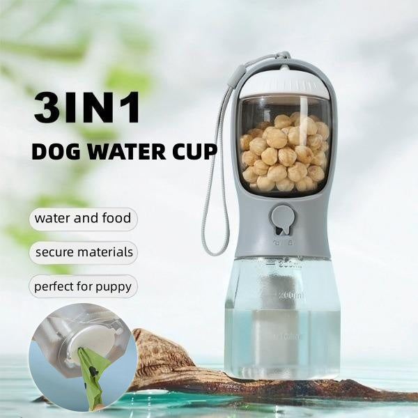Portable 3-in-1 Pet Bottle – Water, Food & Poop Bag Dispenser