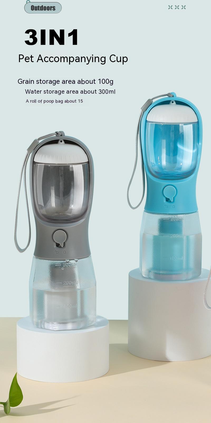 Portable 3-in-1 Pet Bottle – Water, Food & Poop Bag Dispenser