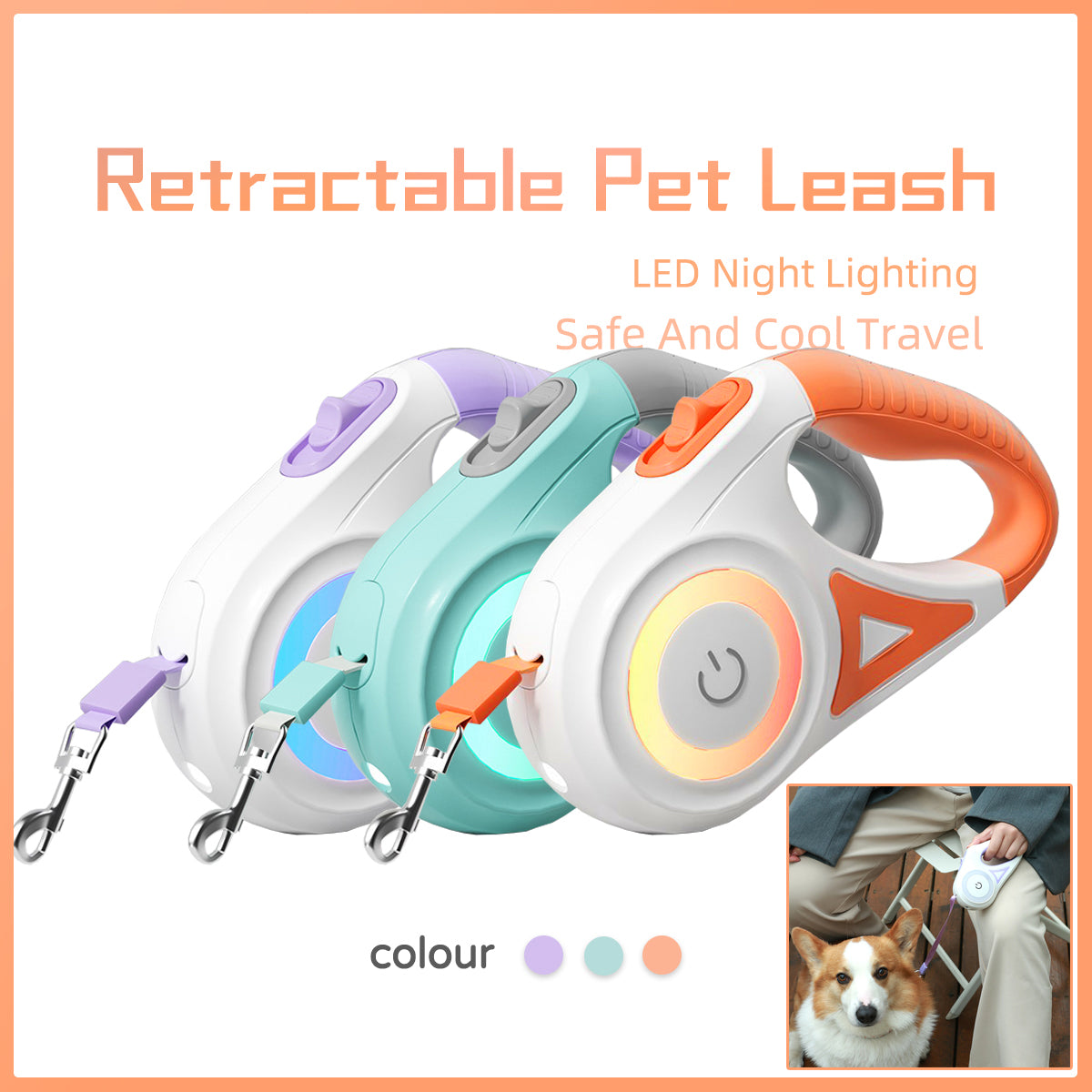 Retractable Dog Leash with LED Spotlight & Emergency Light Traction Rope