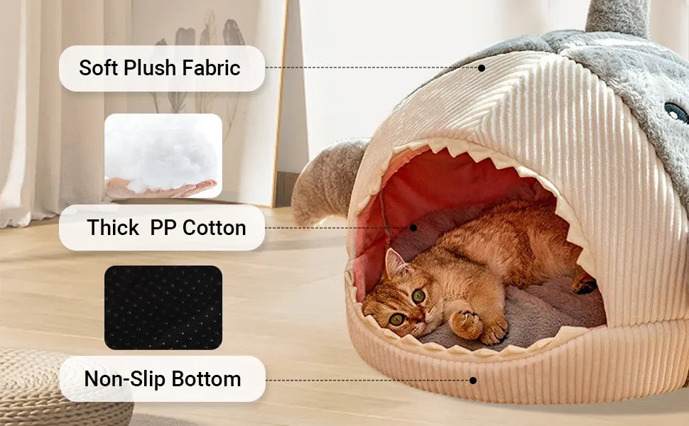 Cosy And Soft Hideout House For Cats With Shark Kennel Mattress Bed